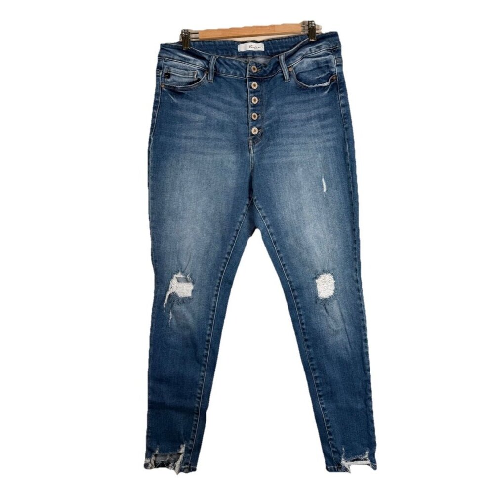 Kancan Jeans Womens 2XL Blue Exposed Button‎ Fly High Waisted Stretch Frayed